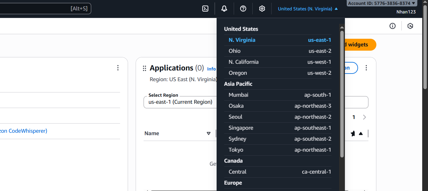 Chuyển AWS Console region sang us-east-1 cho CloudFront certificate AWS Console Region Selection