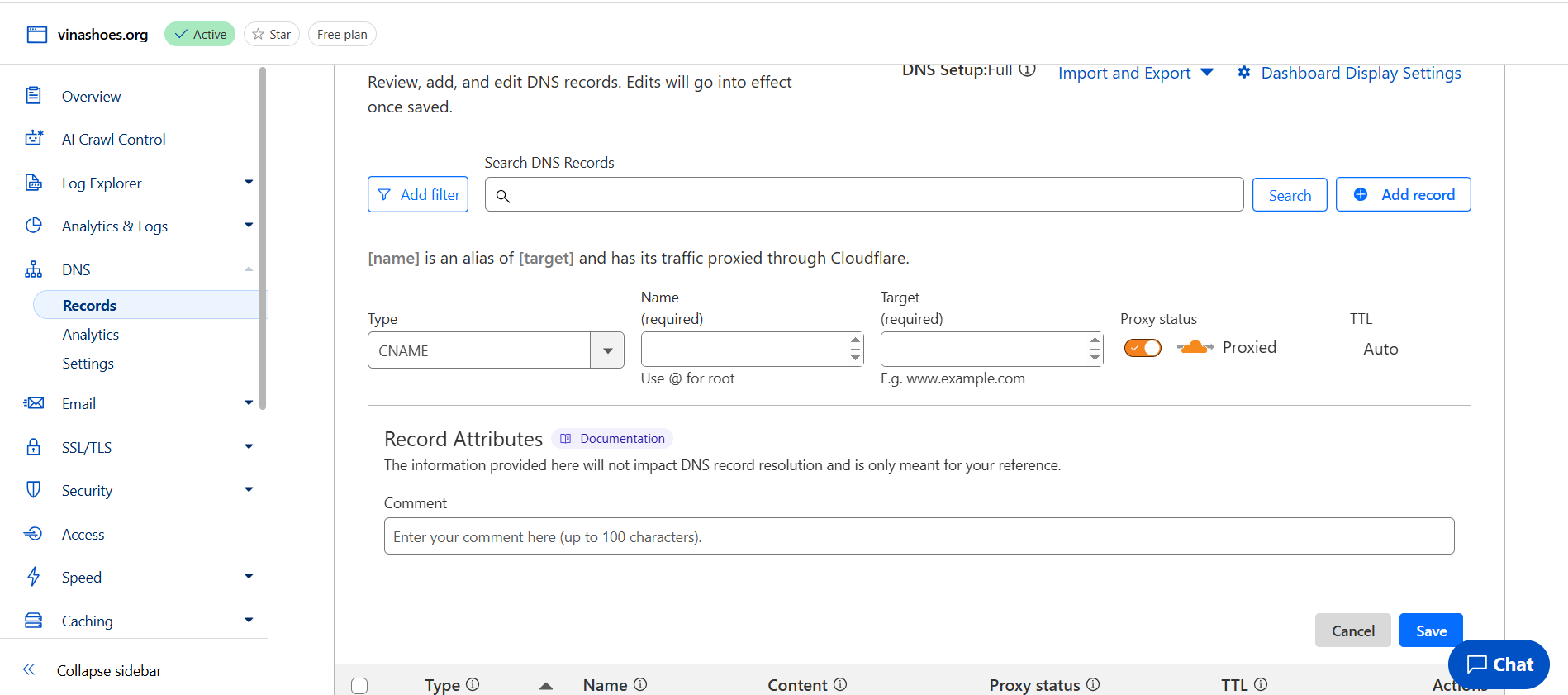 Nút Add record trong Cloudflare DNS Add DNS Record Button