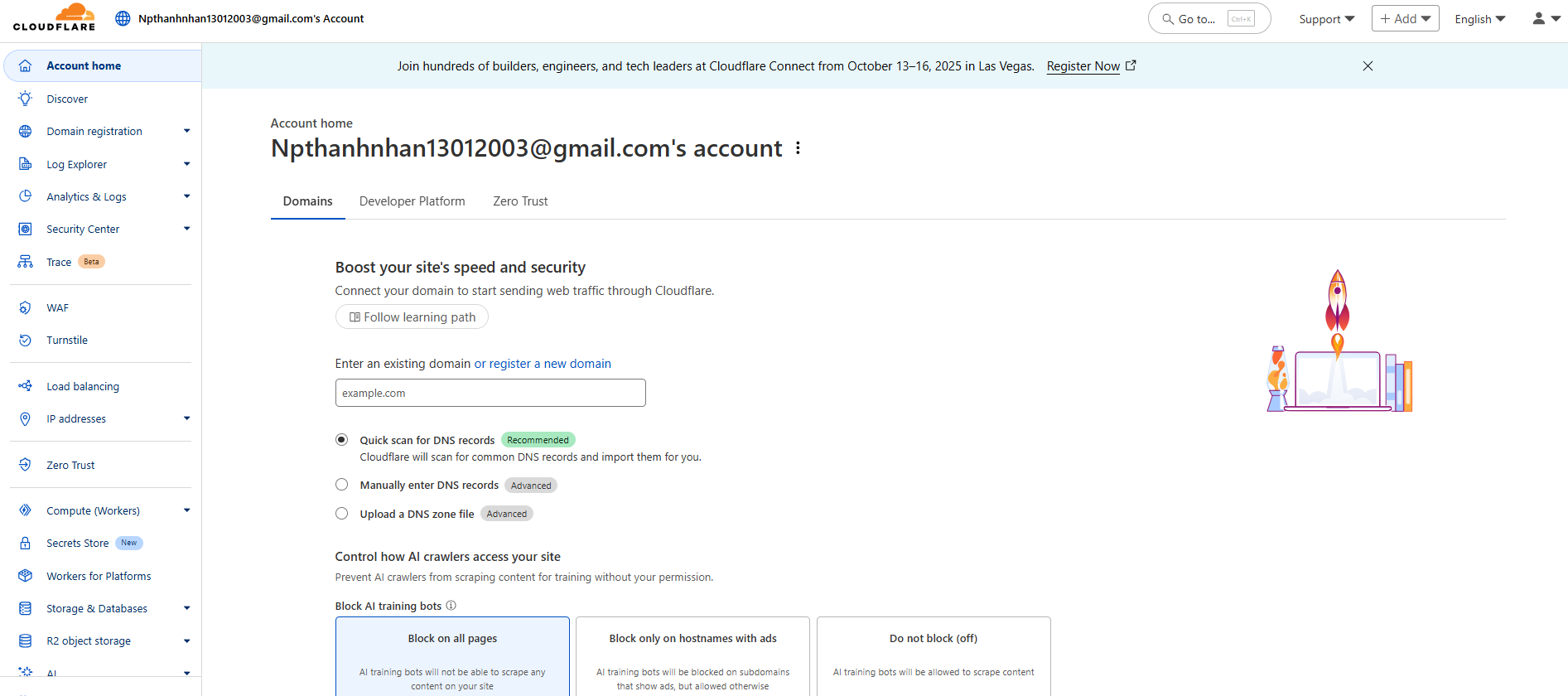 Truy cập mục Domain Registration từ Cloudflare Dashboard Domain Registration Access