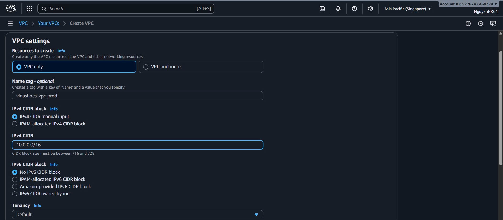 VPC Creation Form