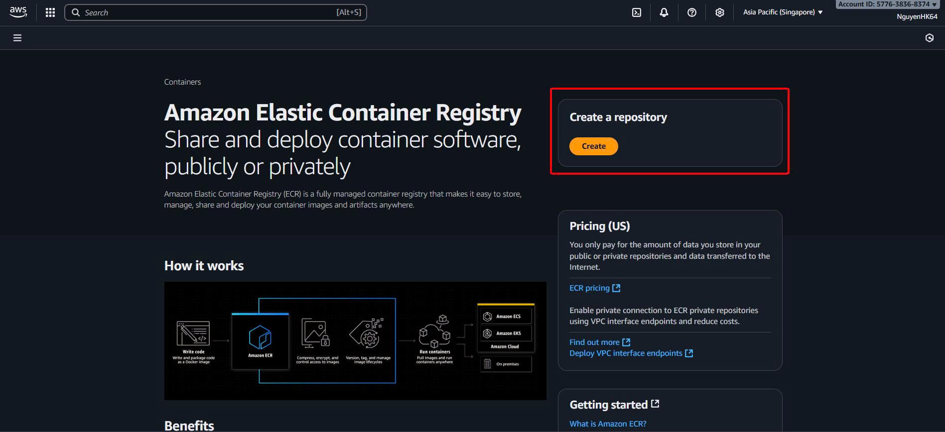 Nút Create repository trong ECR console Create Repository Button